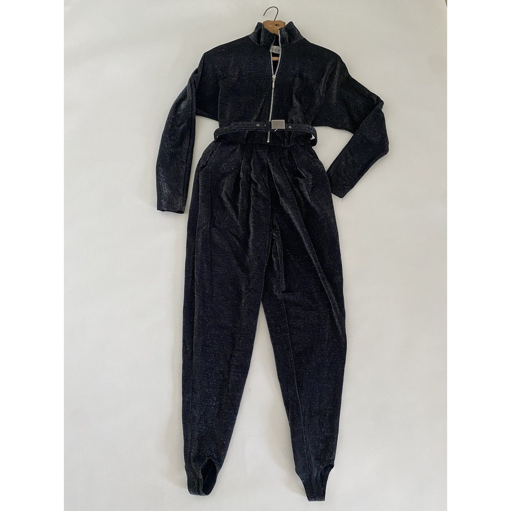 Vintage The Icing Sparkle Jumpsuit Dark Gray Black Stirrups Belted Long Sleeve S